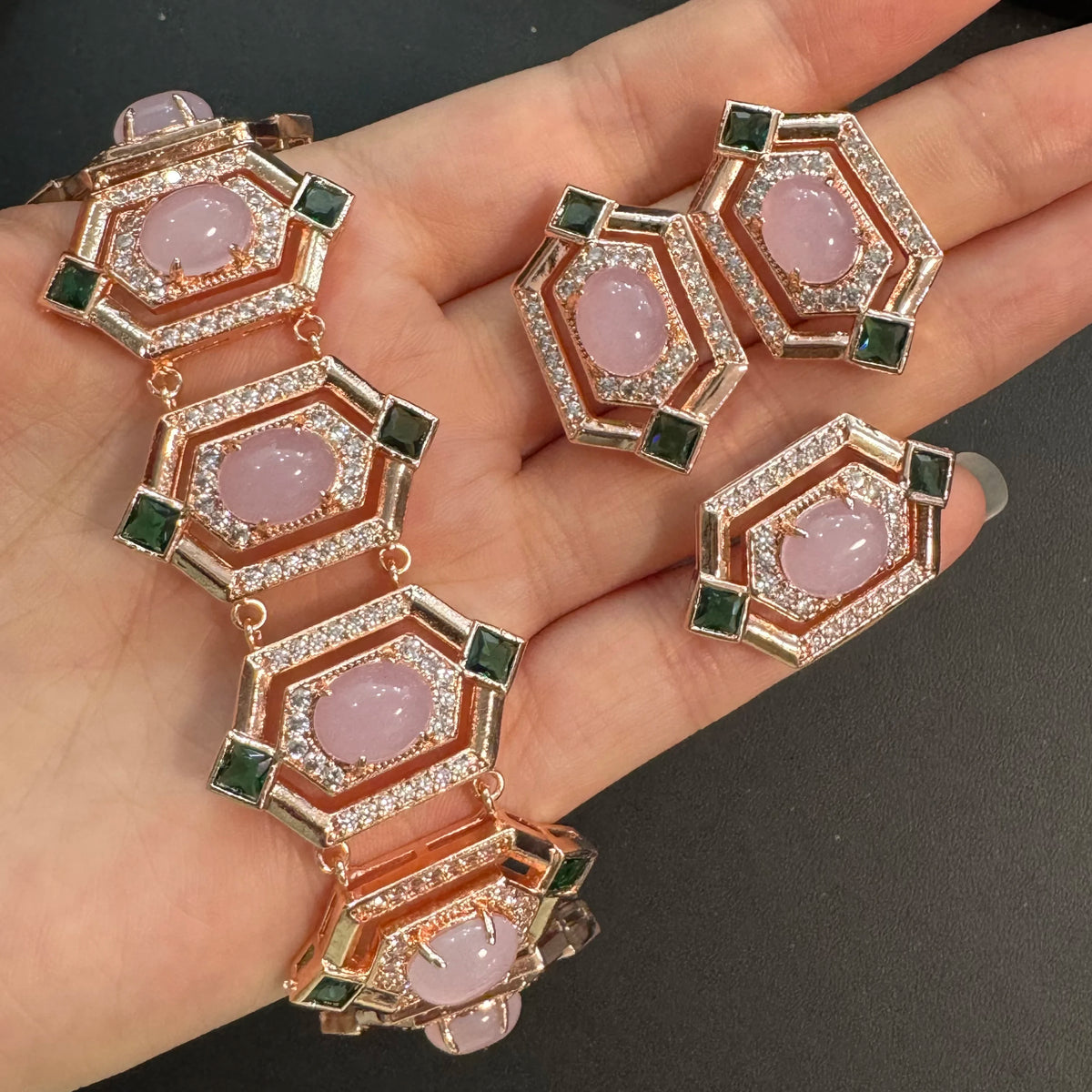 XOTICA TIANSHE 2026 New Style Luxury Vintage Art Deco Pink Jewelry 3Pcs Set Bracelet Earrings & Ring for Women