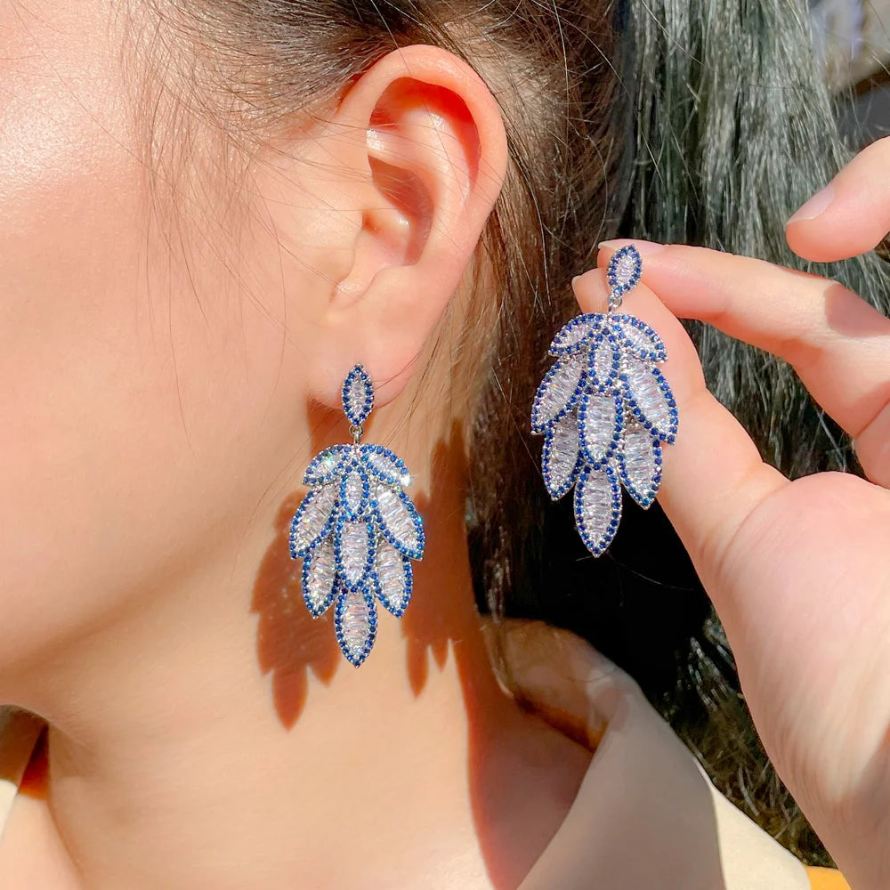 S&S Blue CZ Feather Leaf Full Pavé Dangle Earrings – 925 Silver Pin – Rhodium Plated – Collection