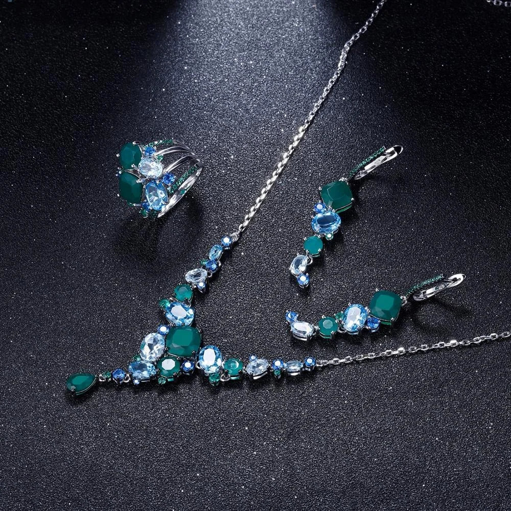 ArtistA Abiding Luxury Cluster Setting Silver Natural Green Agate Blue Topaz Multi-Stone Y-Necklace Ring and Dangle Drop Earrings Set