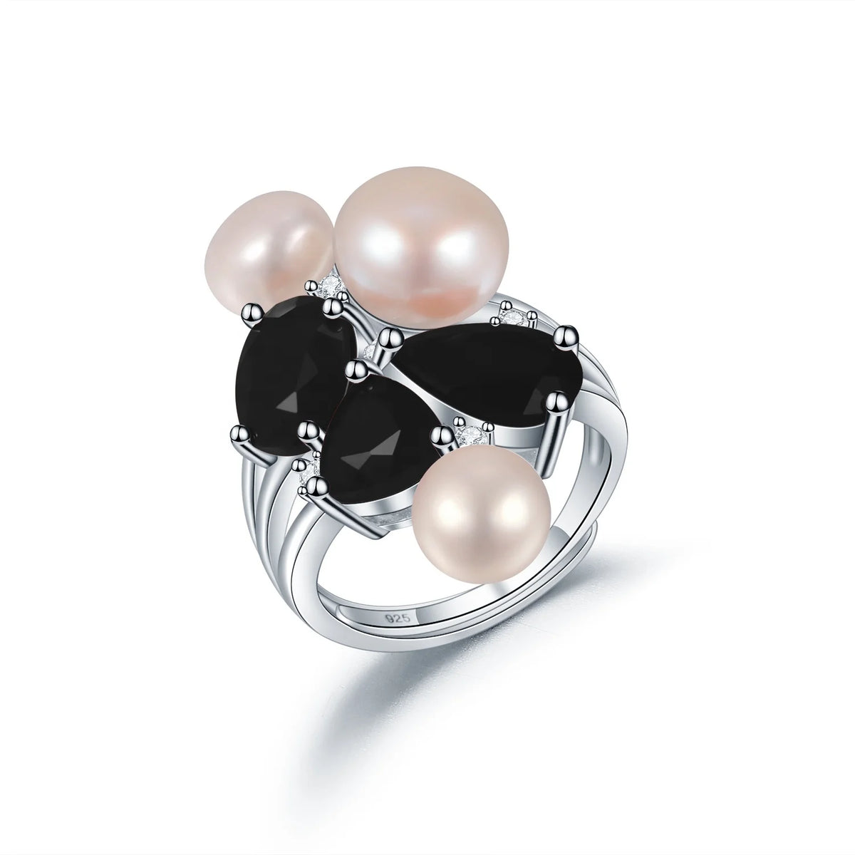 ArtistA C8319 Abding Classic Fresh-water Pearl Black Onyx Gemstone 925 Sterling Silver Ring Necklace Earrings Jewelry Set