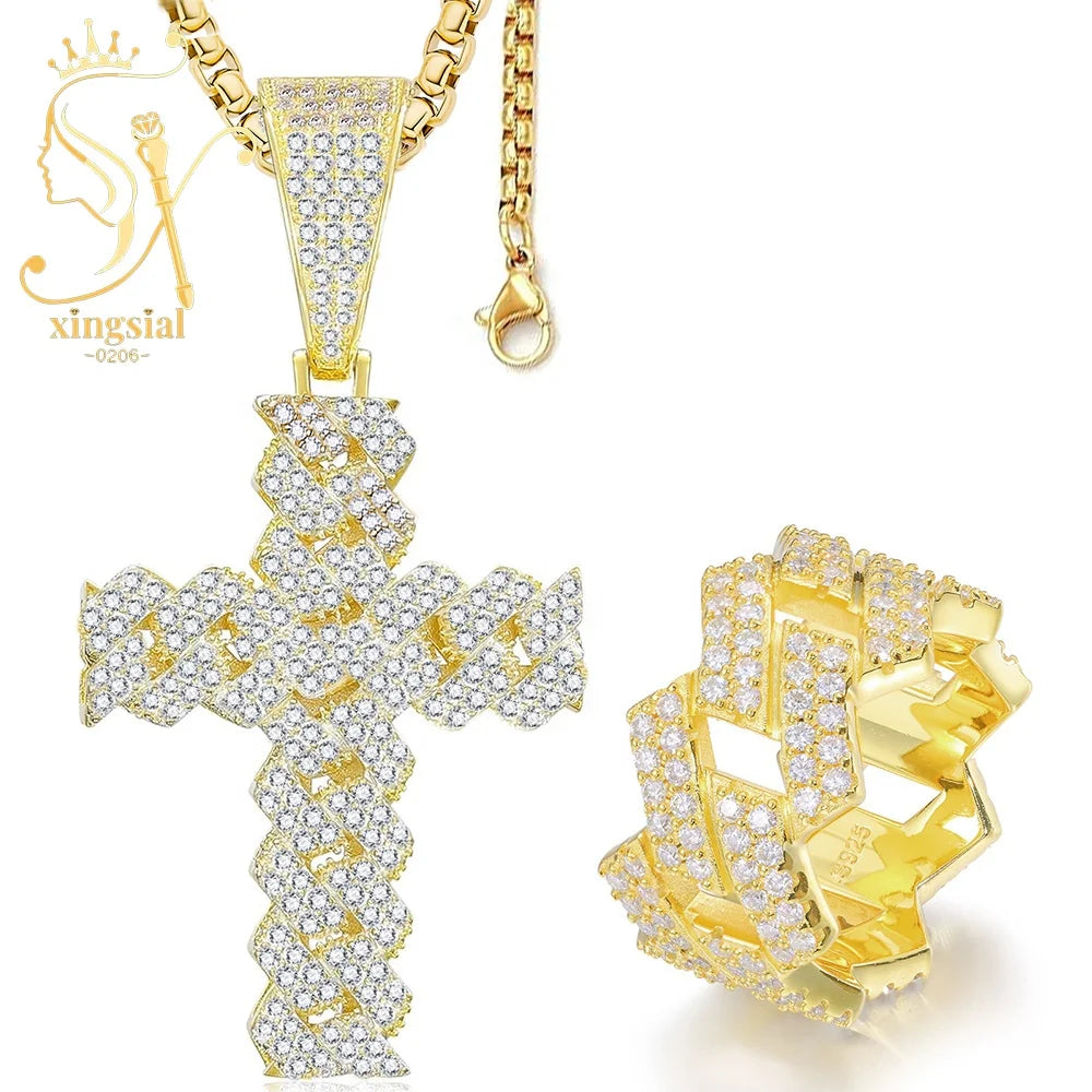 ArtistA Xingsial Custom Men's Jewelry Set 925 Sterling Silver Gold Plated Iced Moissanite Cross Pendant Cuban Link Wedding Ring