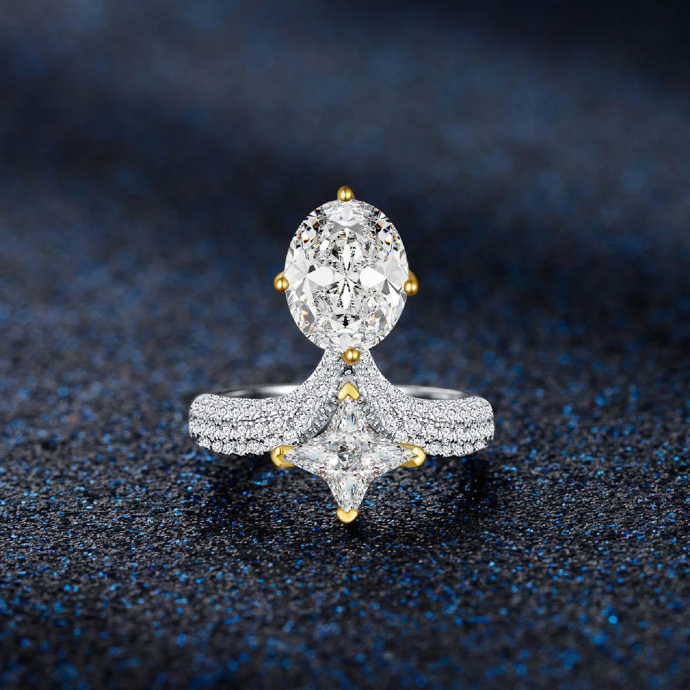 Silverelli | 925 Silver Oval Ice Flower Cut Emerald Ring | Platinum Plated | Pave Setting