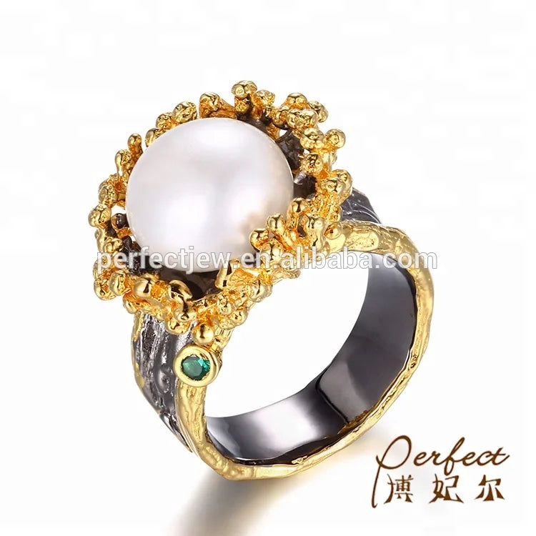 Handmade Unique Flower 925 Sterling Silver Flower Shaped Pearl Ring