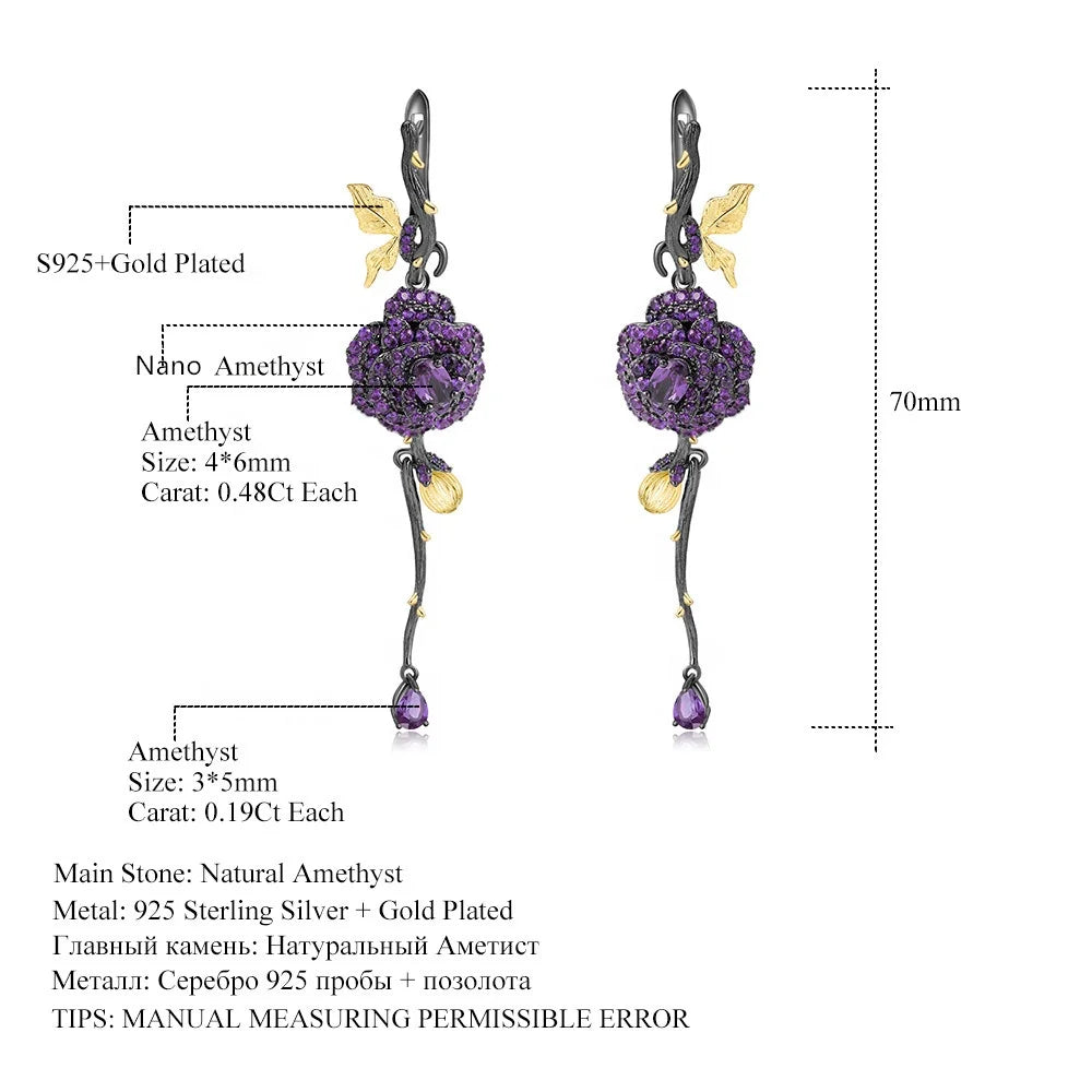 Abiding 925 Sterling Silver Jewellery Natural Amethyst Rose Flower Earrings Ring Jewelry Sets for Women Bijoux