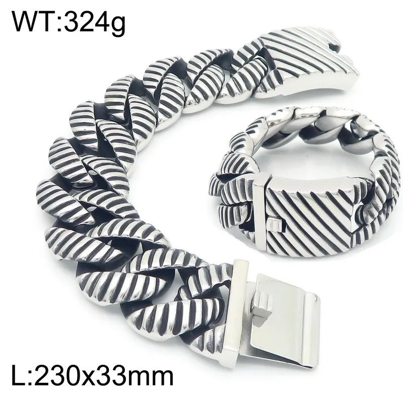 KALEN Vintage Fine Jewelry Fashion Bracelets Men Stainless Steel Striped Cuban Links Bracelet Bangle