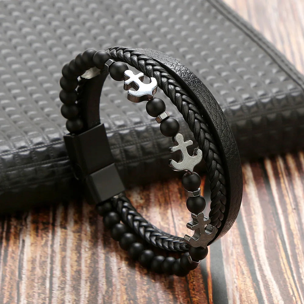 Fashion Jewelry Tiger Eye Beaded Bracelet Stainless Steel Magnet Leather Handmade Natural Gemstone Punk Bracelet for Men Jewelry