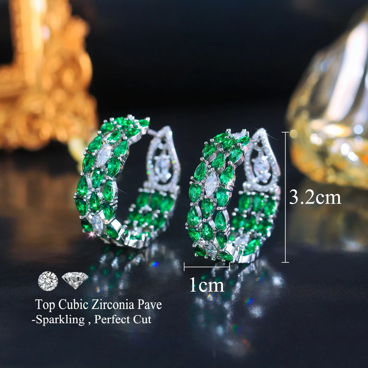 S&S Green Water Drop Pear-Cut CZ Hoop Earrings – Rhodium Silver Plated – Collection