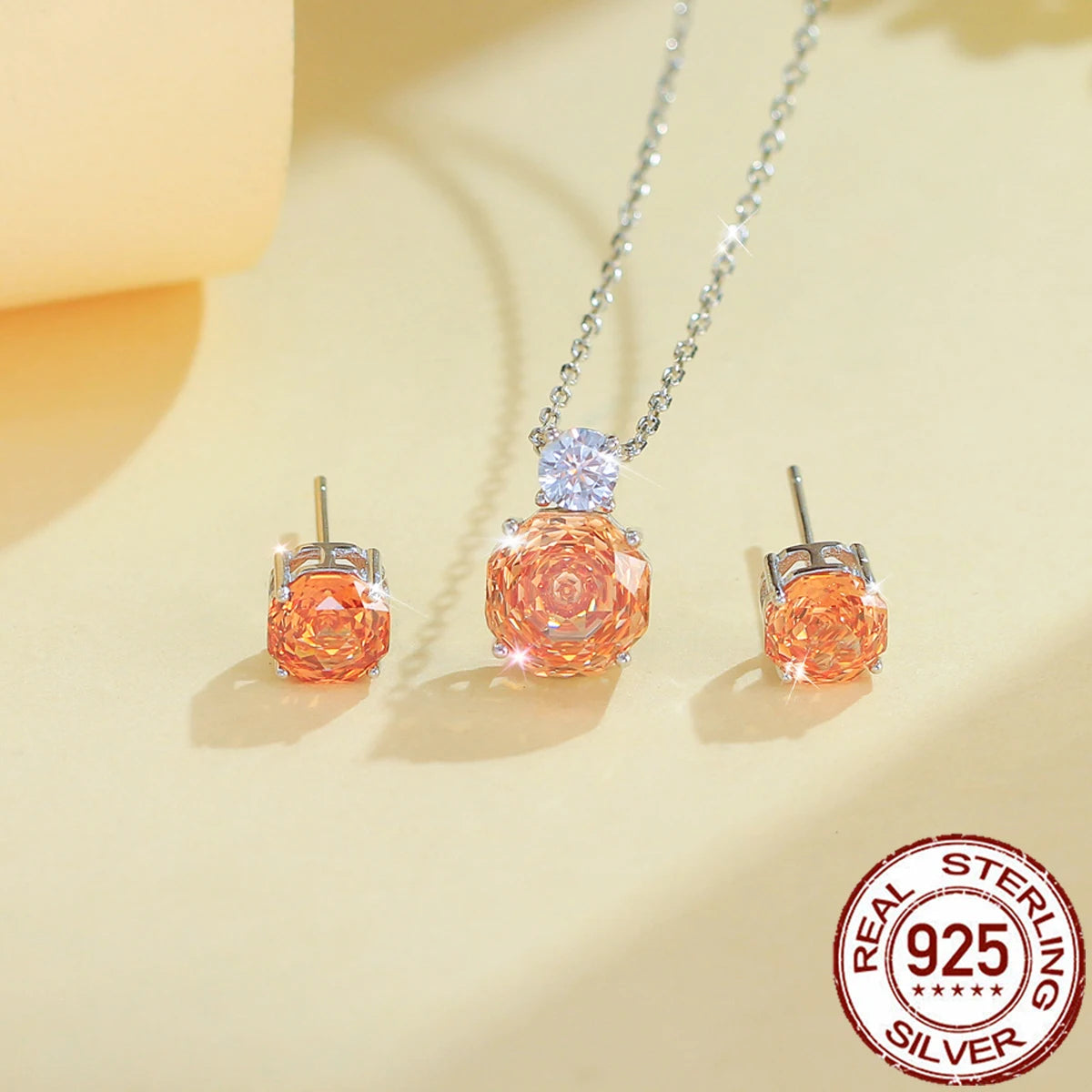 S&S 925 Sterling Silver Champagne Rose-Cut CZ Fine Jewellery Set – Necklace & Earrings – Collection