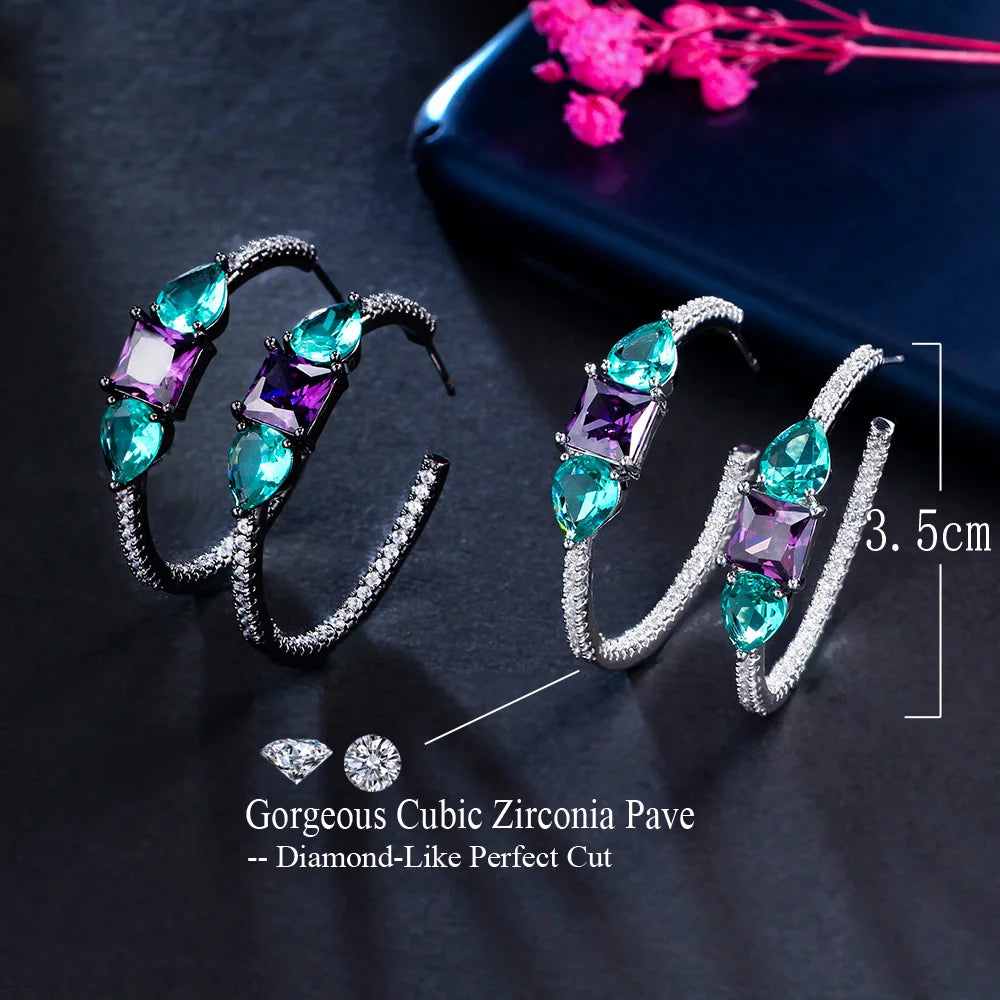 S&S Green & Purple CZ Double-Sided Hoop Earrings – Water Drop & Square – Silver Plated – Collection
