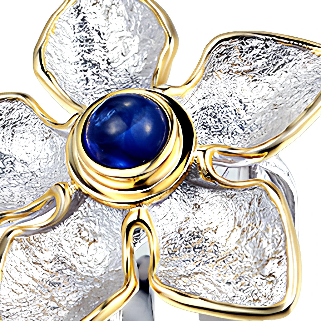 Nature Blue Glass Handmade 925 Sterling Silver Ring Jewelry with Gold Plated