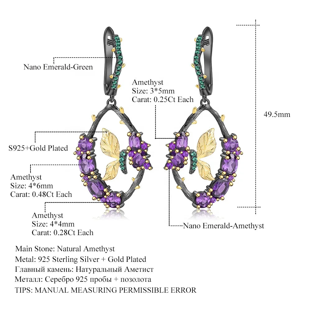 ArtistA C7749 Handmade 925 Sterling Silver Jewelrt Set Purple Amethyst Gemstone Butterfly Dangle Earrings Adjustable Ring