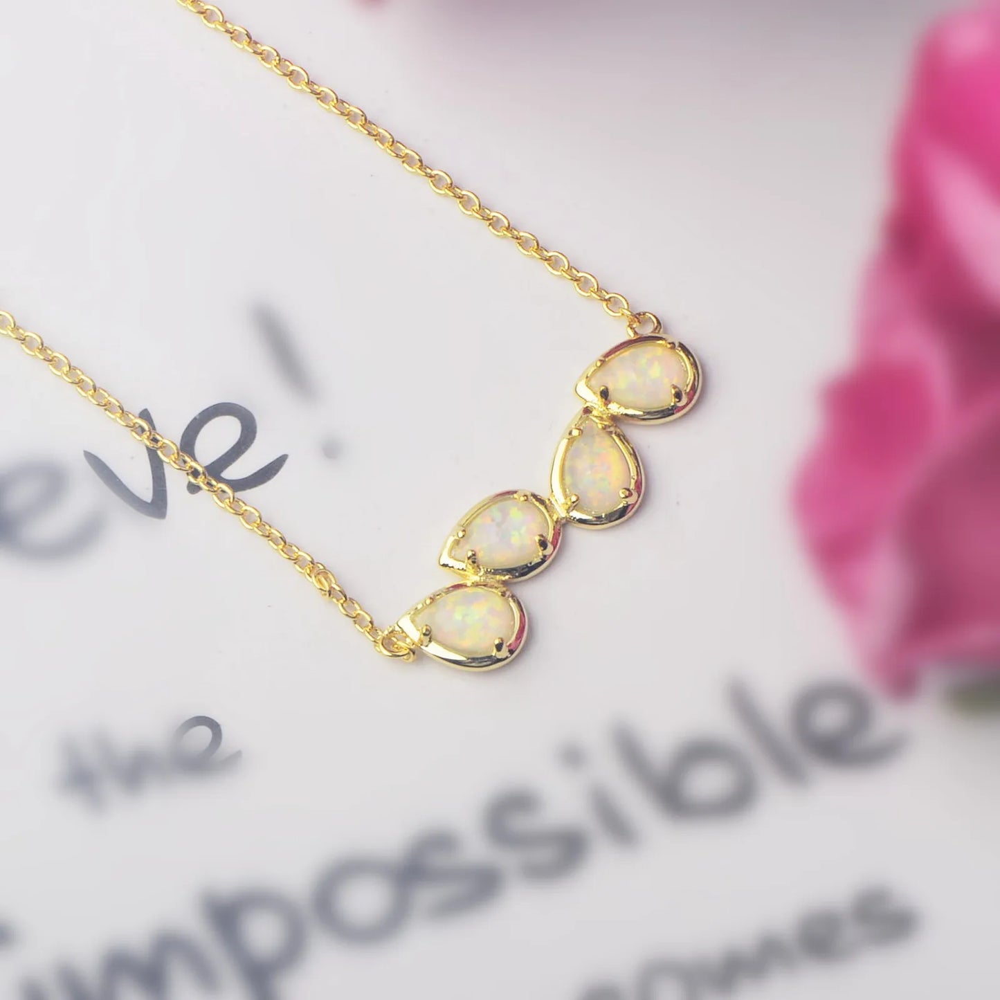 Aobao Christian Gold Plated Copper Alloy Minimalist Water Drop Lab Created Opal Link Chain Sweater Necklace for Women-Gift