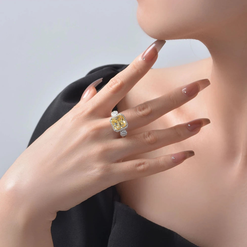 MUSHAN Jewelry Factory 2026 New Style Light Yellow 10*10 High Carbon Diamond Set 5Carat Ring in European and American 925 Silver
