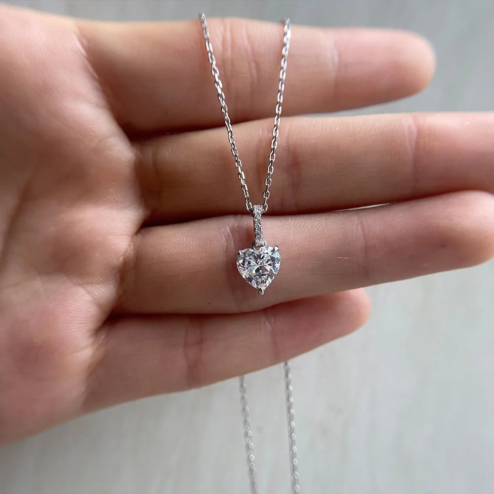 SILVERELLI Heart-Shaped Zircon Pendant Necklace | S925 Sterling Silver | 1ct White | 40+5cm Chain