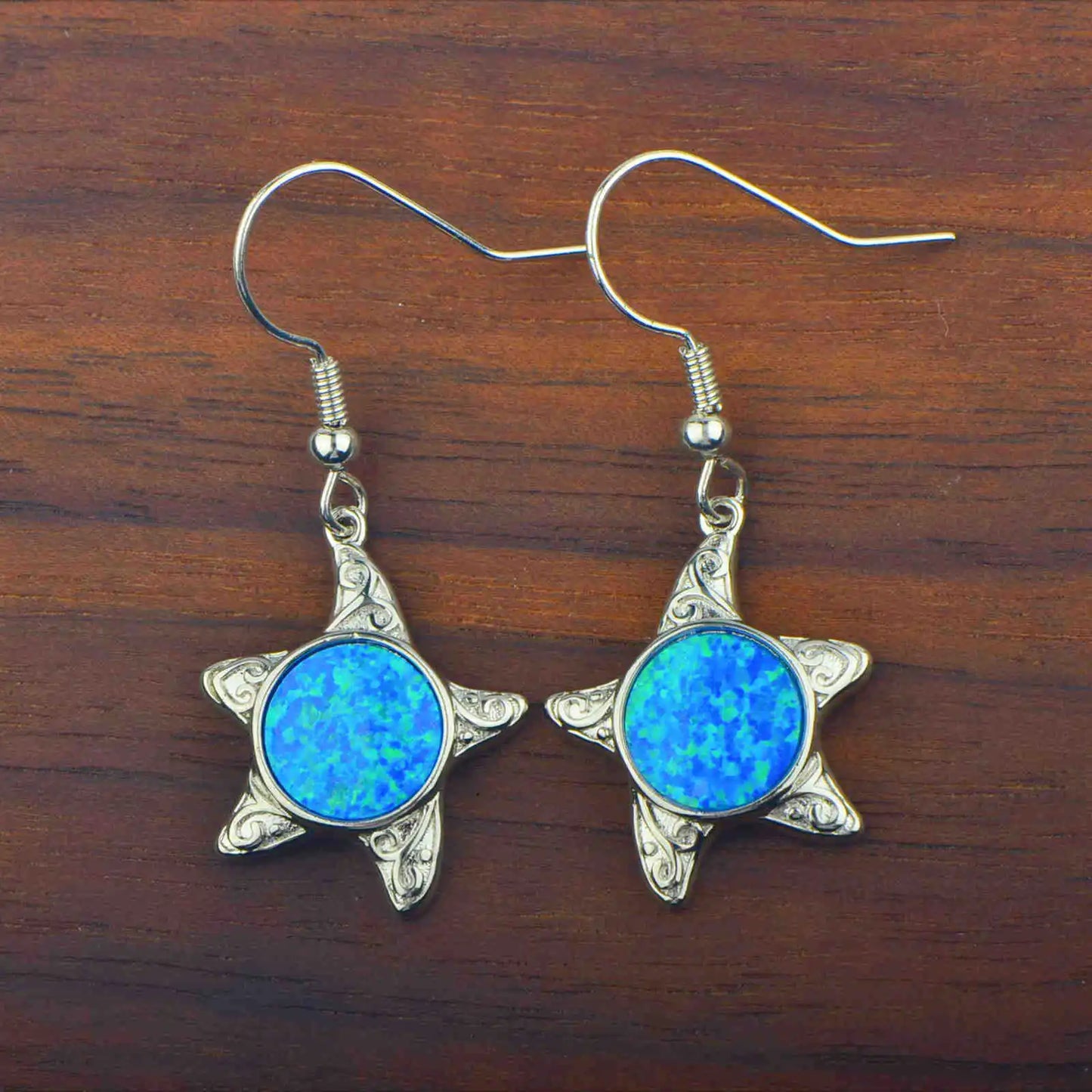 Hawaiian Starfish Star Pendant Earrings Brass Silver Plated Sparkling Blue Opal Bohemian Beach Women's Anniversary TikTok Hot