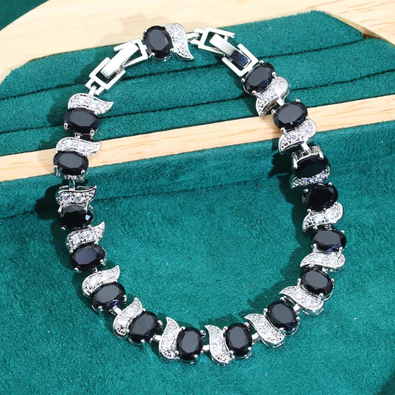 XOTICA Exquisite 925 Silver Jewelry Set for Women Wedding Black Zircon Bracelet Earrings Pendant Ring for Party Date Birthday Gift