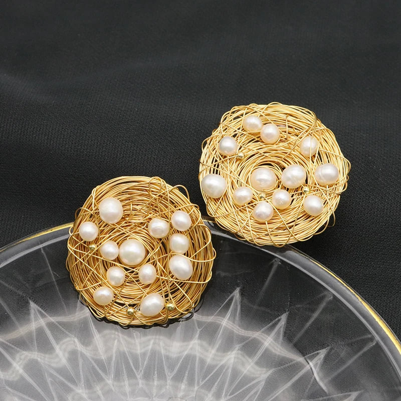 Natural Freshwater Pearls Metal Stud Earrings Geometric Irregular for Women Girl Gift Pearl Earrings Fashion Jewelry