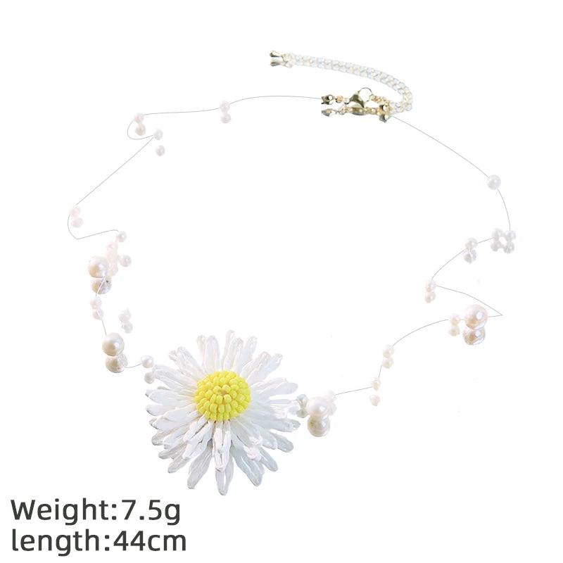 GLSEEVO Handmade Daisy Flower Pearl Jewelry Set for Woman Natural Freshwater Pearl Dangle Earring Necklace Fashion Jewelry