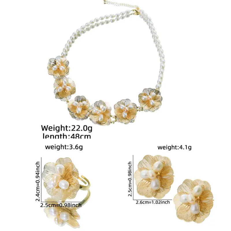 Natural Pearl Copper Gold-Plated Flower Necklace Earrings Ring Set Luxurious Design Set Banquet Wedding Women's Jewelry GS0225