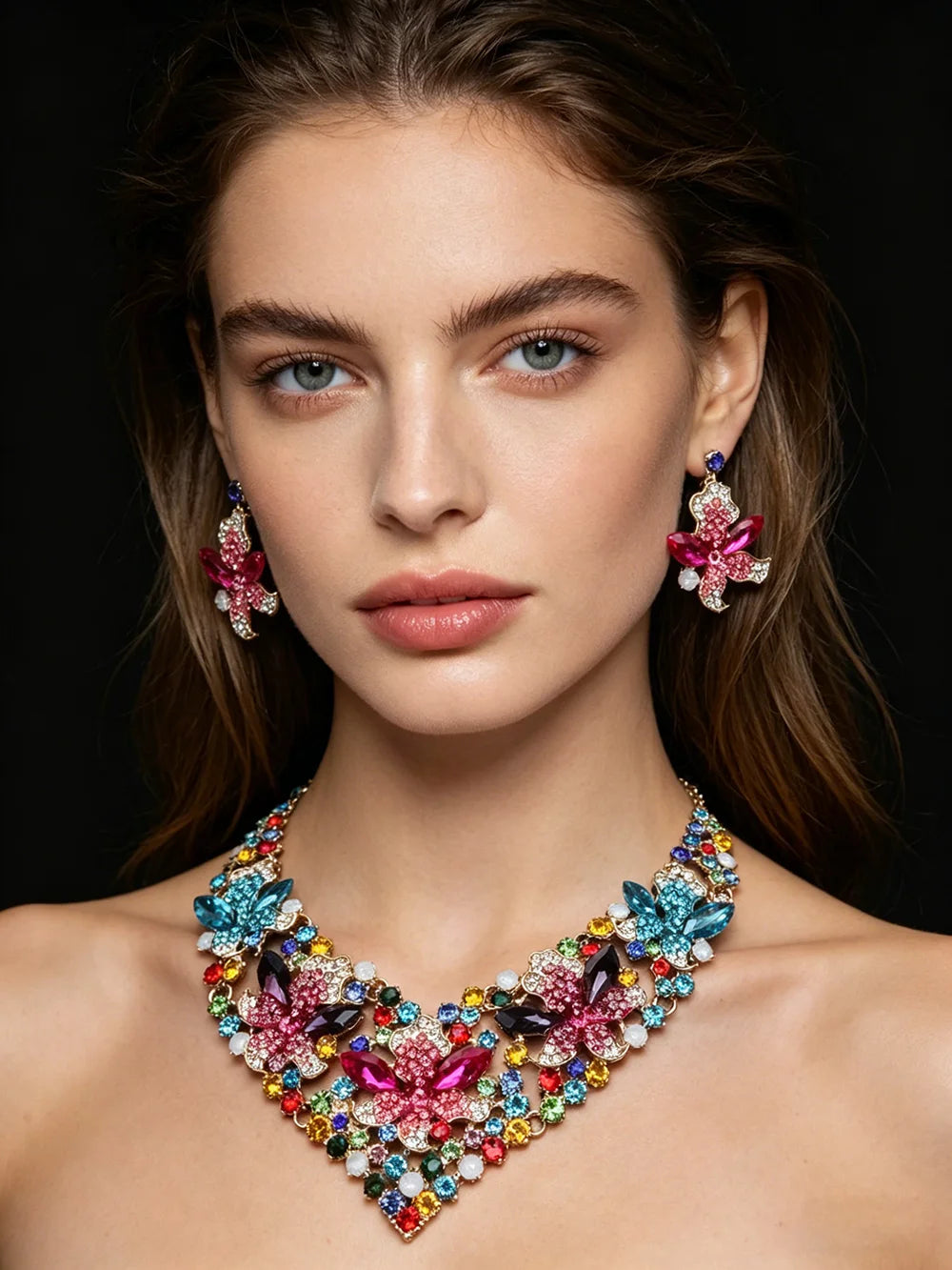 XM S293 Gold Plated Princess Cut Multicolour Zircon Floral Statement Necklace & Earrings Bridal Set