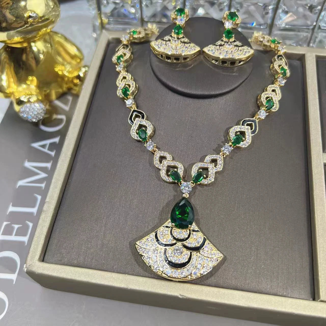 XM S417 Gold Plated Multicolour Crystal Enamel Fan & Teardrop Stone Pendant Necklace & Drop Earrings Set