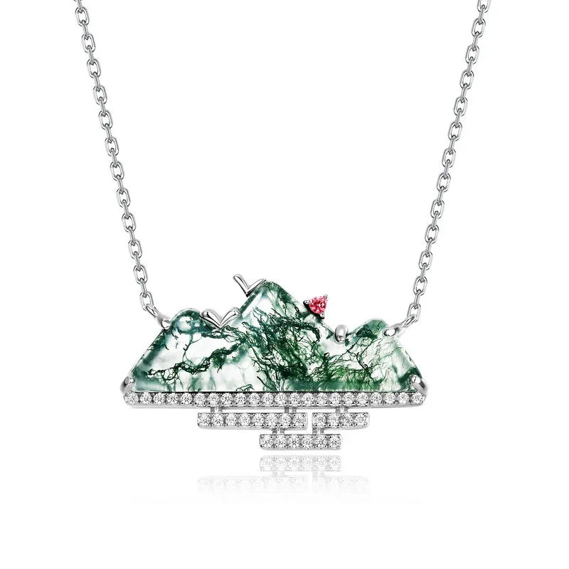 Factory Wholesale Fashion Green Moss Necklace S925 Sterling Silver Mountain Clavicle Chain for Women