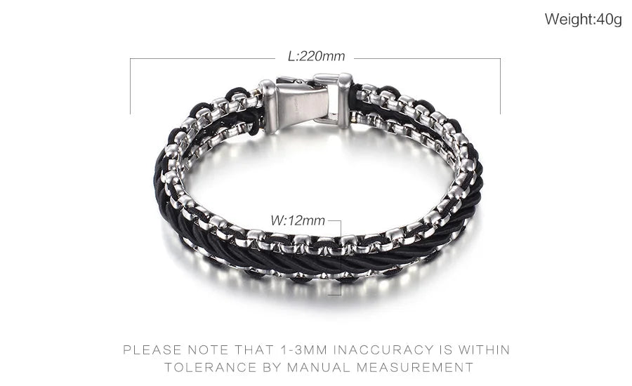 KALEN Silver Color Stainless Steel Bangle Leather Men Bracelet