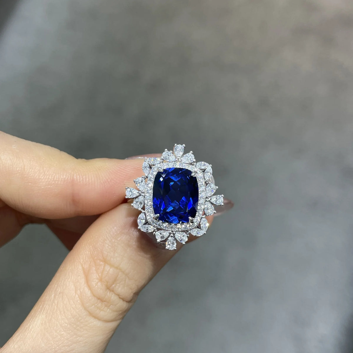 Fine Jewelry Set Elegant 5.5 Carat Cultured Sapphire Cushion-Shaped 925 Sterling Silver Premium Ring Earring Set