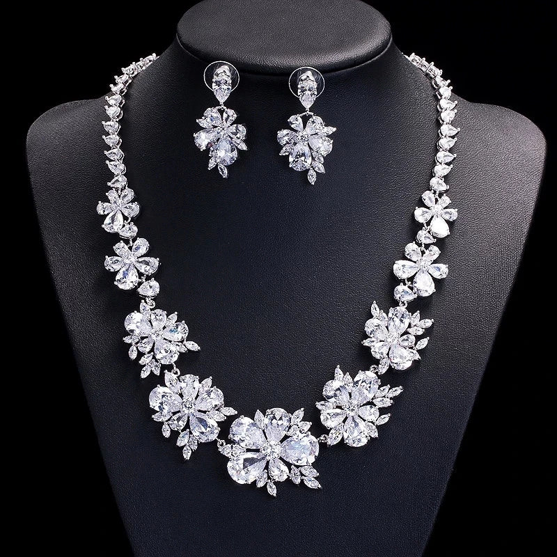 XM S307 Brass Silver Plated Red Zircon Floral Statement Necklace and Drop Earrings Jewelry Set for Women Wedding