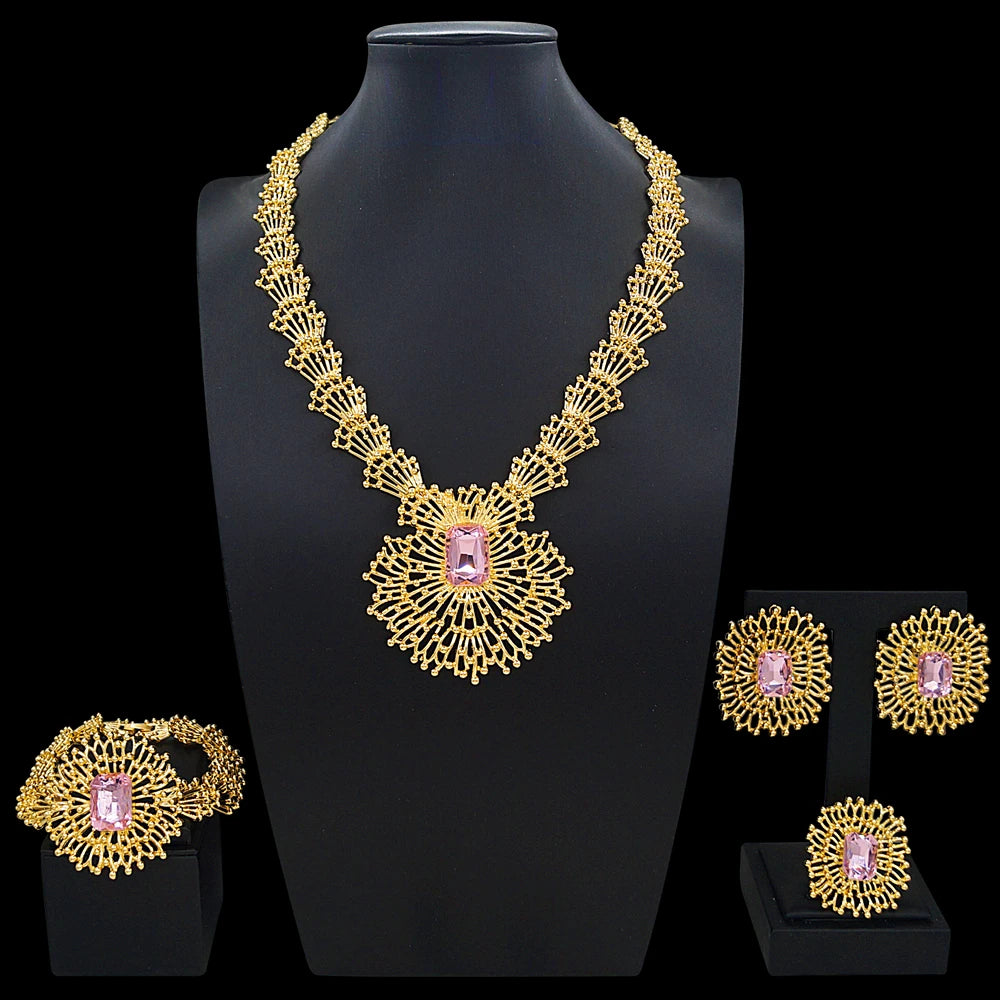 Zhuerrui Vintage Sunflower Gold Plated Jewelry Set Emerald Pink Stone Women Necklace Earrings Bracelet Ring for Banquet I0088