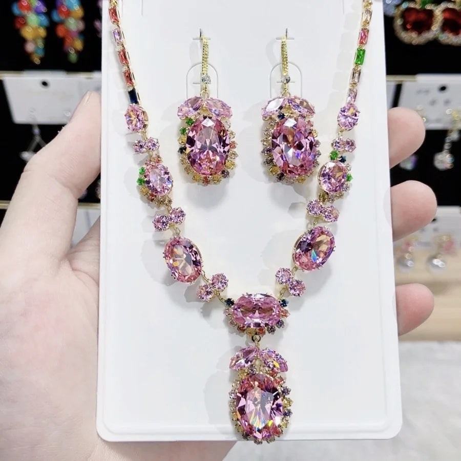 K055 High End Trendy Luxury Exquisite Multi Zircon Necklace and Earrings Set Women Elegant Jewelry Set for Party