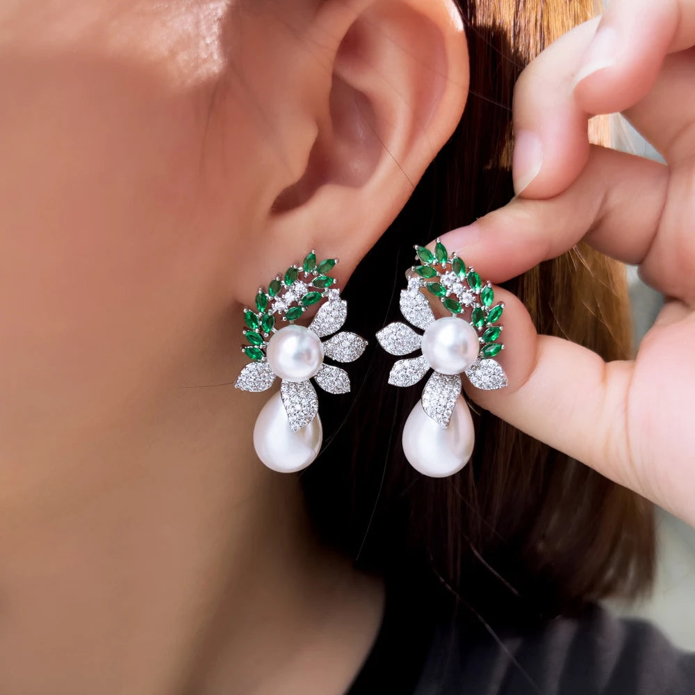S&S Green CZ Leaf & Pearl Dangle Drop Earrings – Marquise Cut – Rhodium Plated – Collection