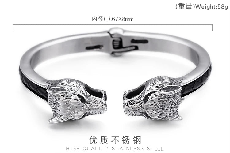 VIKING Mens Punk Wolf Leather & Stainless Steel Bangle – Silver