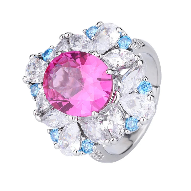 XOTICA Luxury Brazilian Fuchsia Gemstone Pendant Necklace Earring Ring Iced Blue CZ Zircon Flower Wedding Fashion Jewelry Set for Women