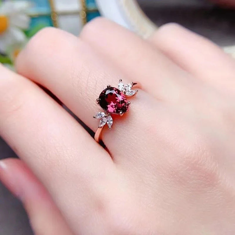 Natural Garnet Rhodium Plated 925 Sterling Silver Minimalist Oval Cut Engagement Ring for Weddings and Parties
