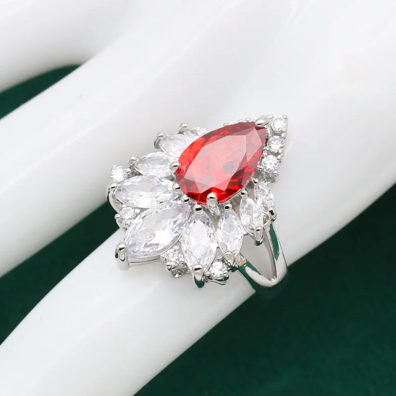 XOTICA Classic Dubai Set for Women Red White Zircon Silver Color Alloy Bracelet Earrings Necklace Pendant Ring for Wedding Parties