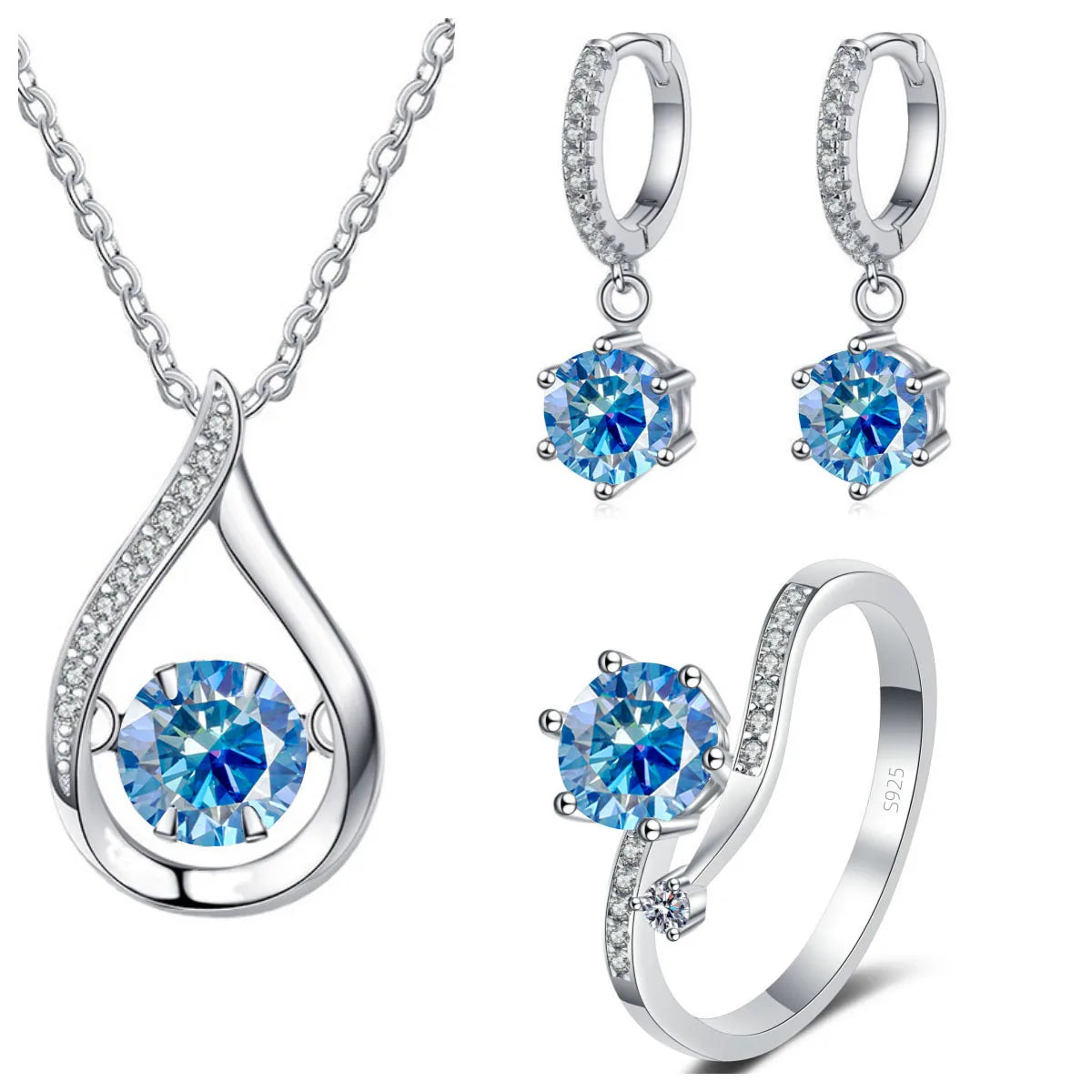 S&S 925 Silver 1CT VVS Moissanite Jewellery Set | Water Drop Necklace, Earrings & Ring | 20 Colours