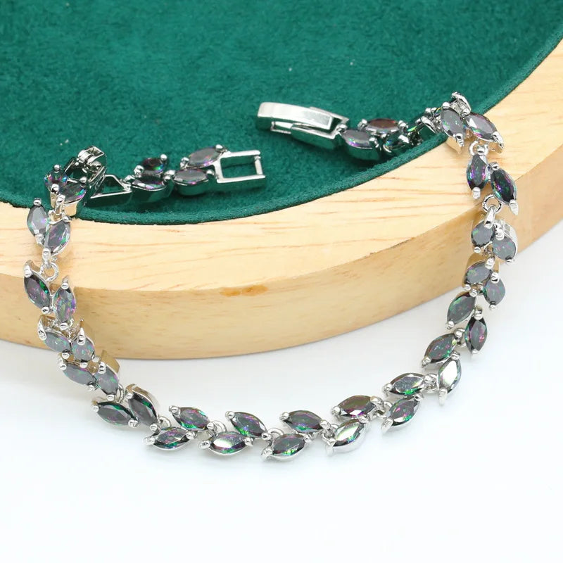 XOTICA Dubai Jewelry Set for Women Rainbow Zirconia Silver Color for Wedding Party Engagement; Includes Bracelet Hoop Earrings Ring