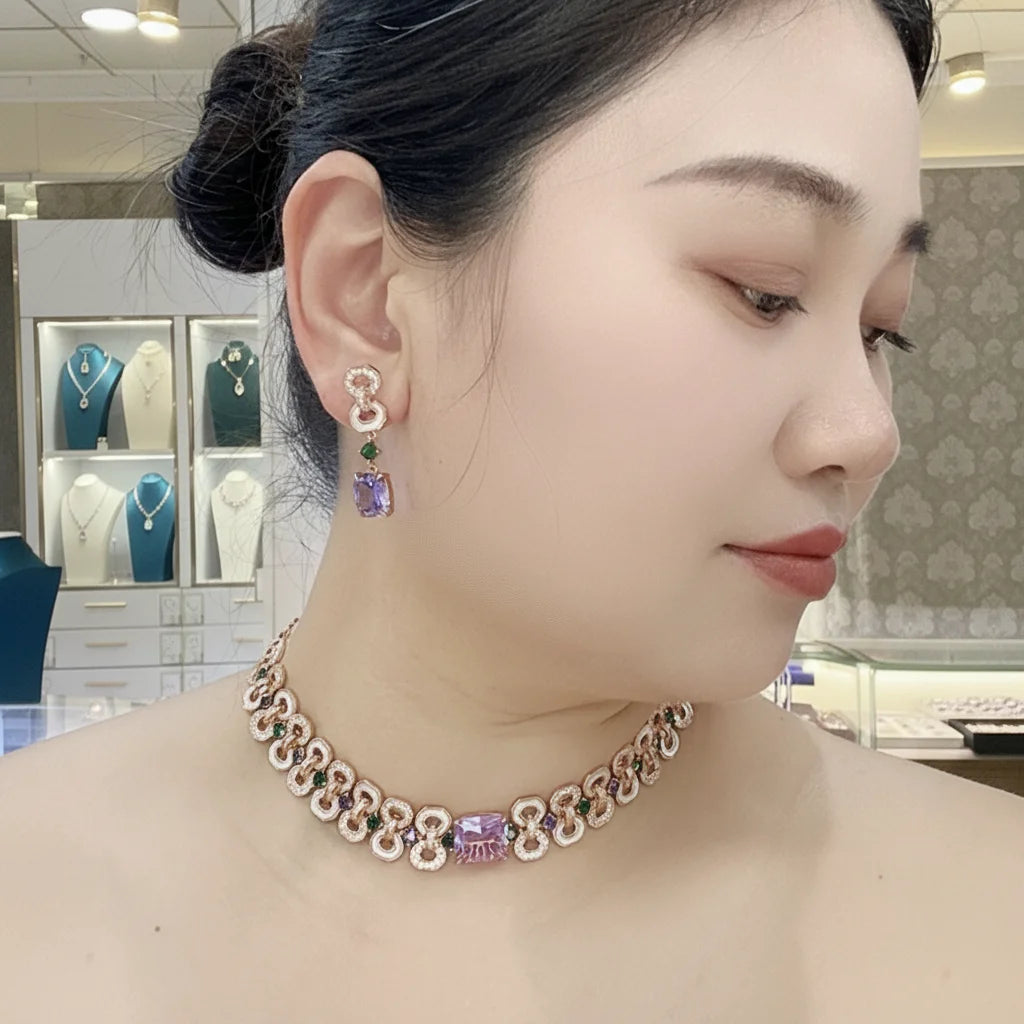 Victoria Style 8-shape Women's Brass Necklace Earrings Bracelet White Mother of Pearl purple Zircon High-quality Jewelry