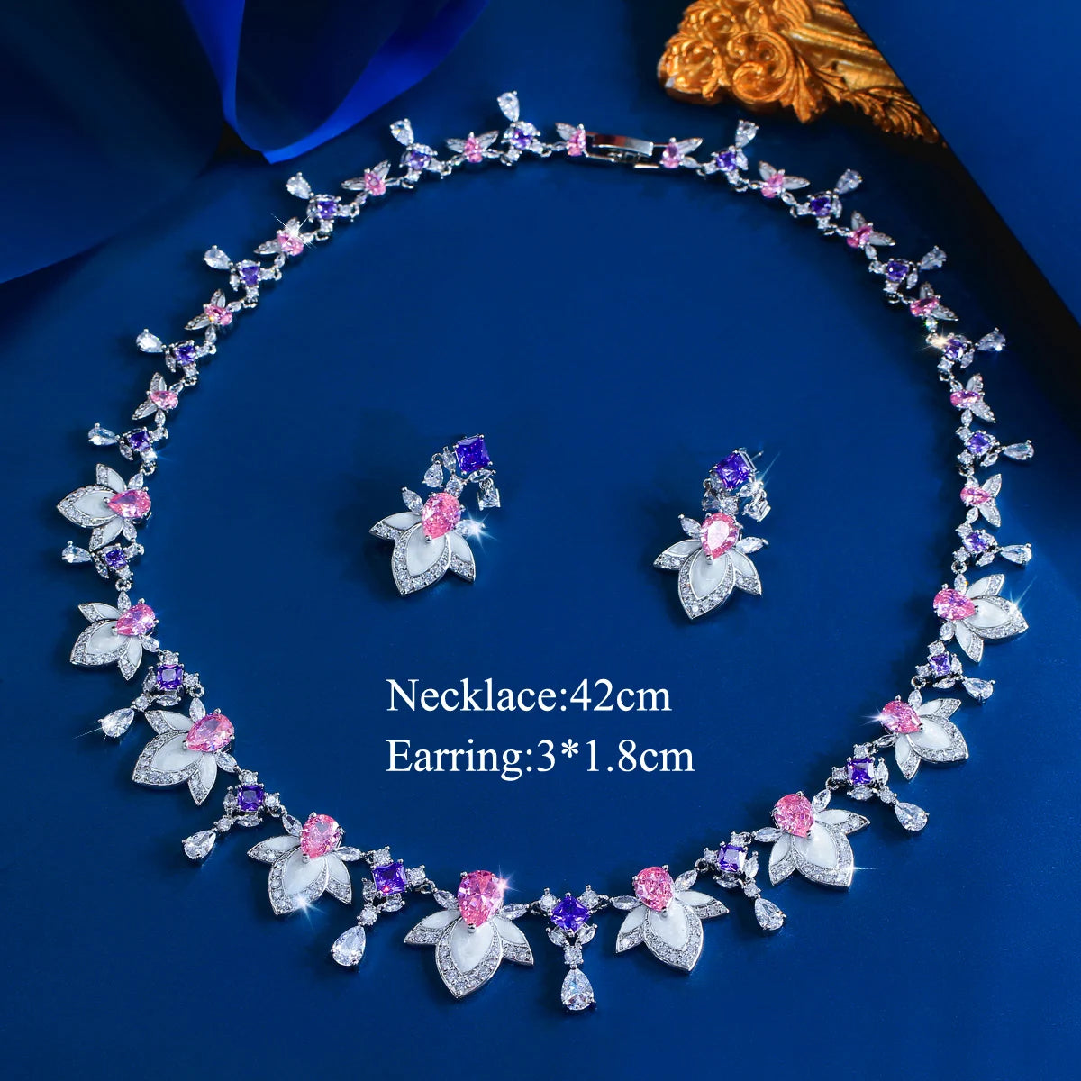 Rhodium Plated Purple Pink Drop Necklace Earrings CZ Long Leaf Enamel Necklace Earrings for Women Fiancee Engagement Jewelry Set