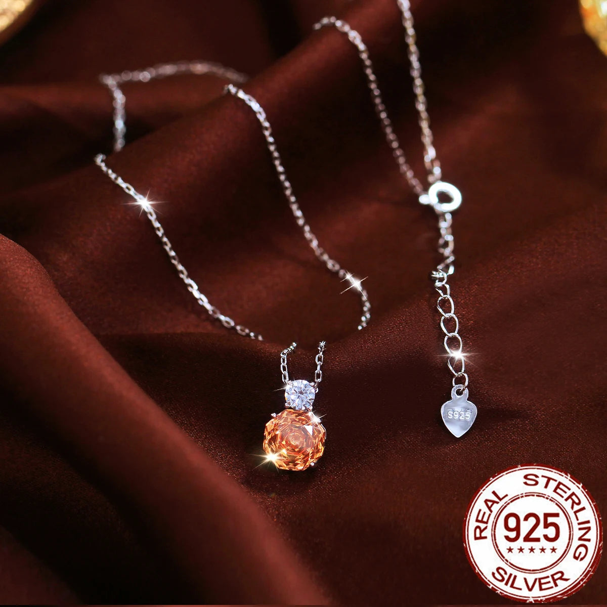 S&S 925 Sterling Silver Champagne Rose-Cut CZ Pendant Necklace – Rhodium Plated – Collection