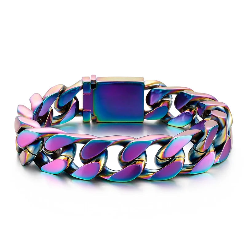 VIKING Mens Hip-Hop Cuban Link Bracelet – Silver, Gold, Black & Rainbow