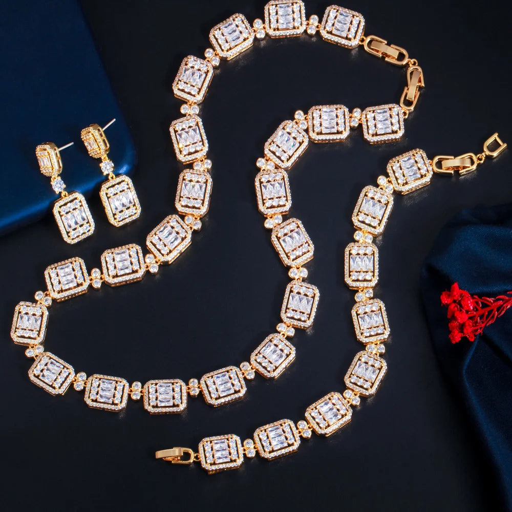 2022 High Quality 3pcs 18k Gold Plated African Nigerian Cubic Zircon Square Party Necklace Earrings Bridal Wedding Jewelry Set