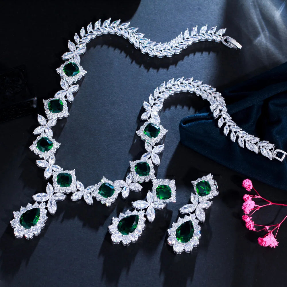 Statement Necklace Earrings White and Green Cubic Zirconia Stone Bridal Jewelry Sets for Women Party Wedding Dress Accessories