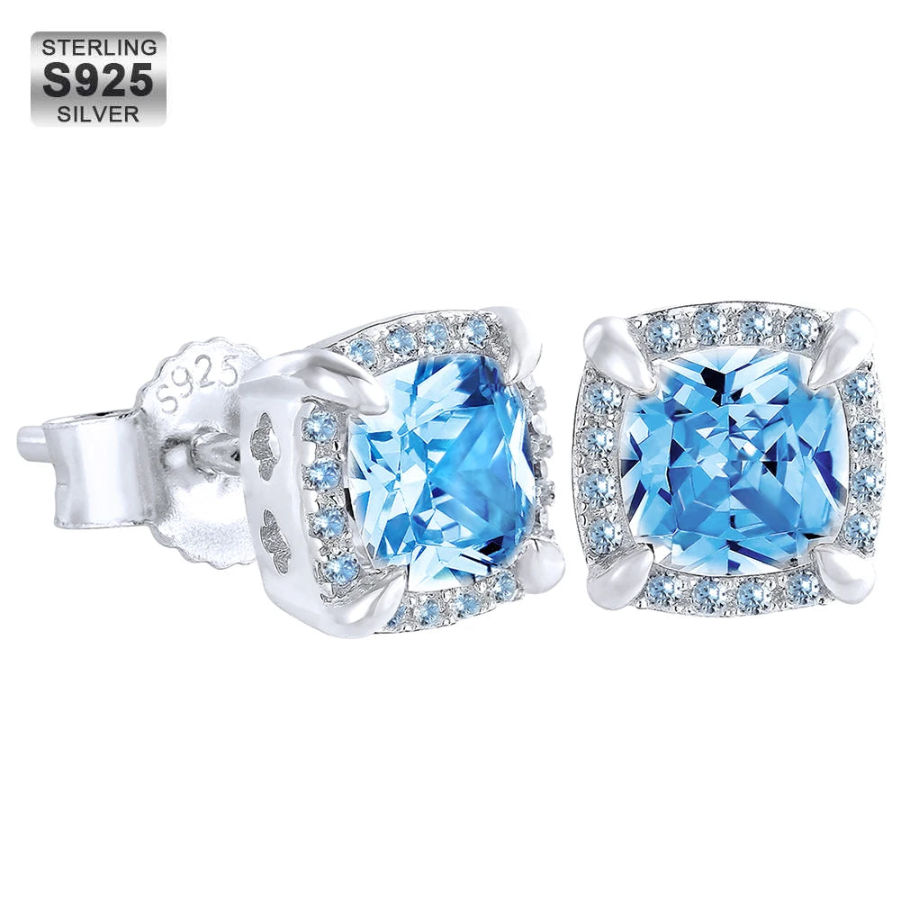 REDheart 7mm Blue Men Earrings 14K White Gold Plated 925 Sterling Silver Square Cubic Zirconia Simulated Diamond Halo Stud Earrings