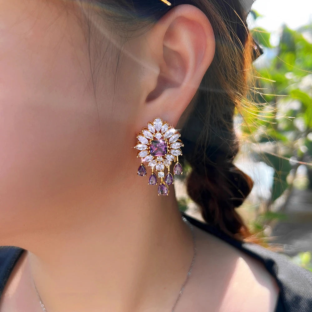 S&S Purple & White CZ Tassel Dangle Drop Earrings | Gold | Bridal Party | NewLife