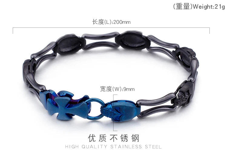 VIKING Mens Punk Skeleton Charm Bracelet – Blue & Black Stainless Steel