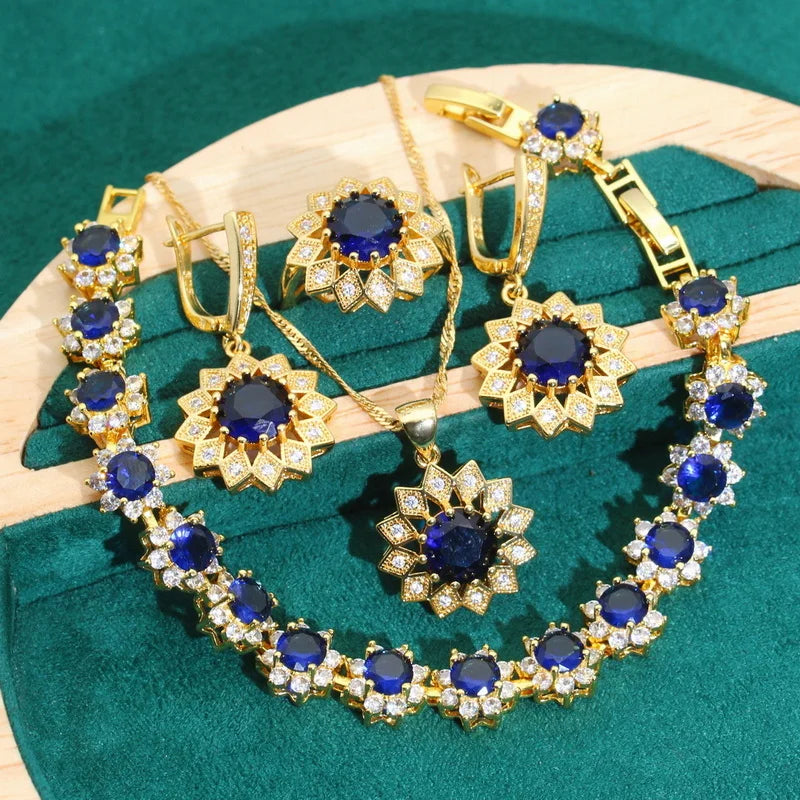 XOTICA Women's Gold Color Jewelry Set Green Blue Zircon Including Bracelet Earrings Pendant Ring for Wedding Halloween Dating-Gift