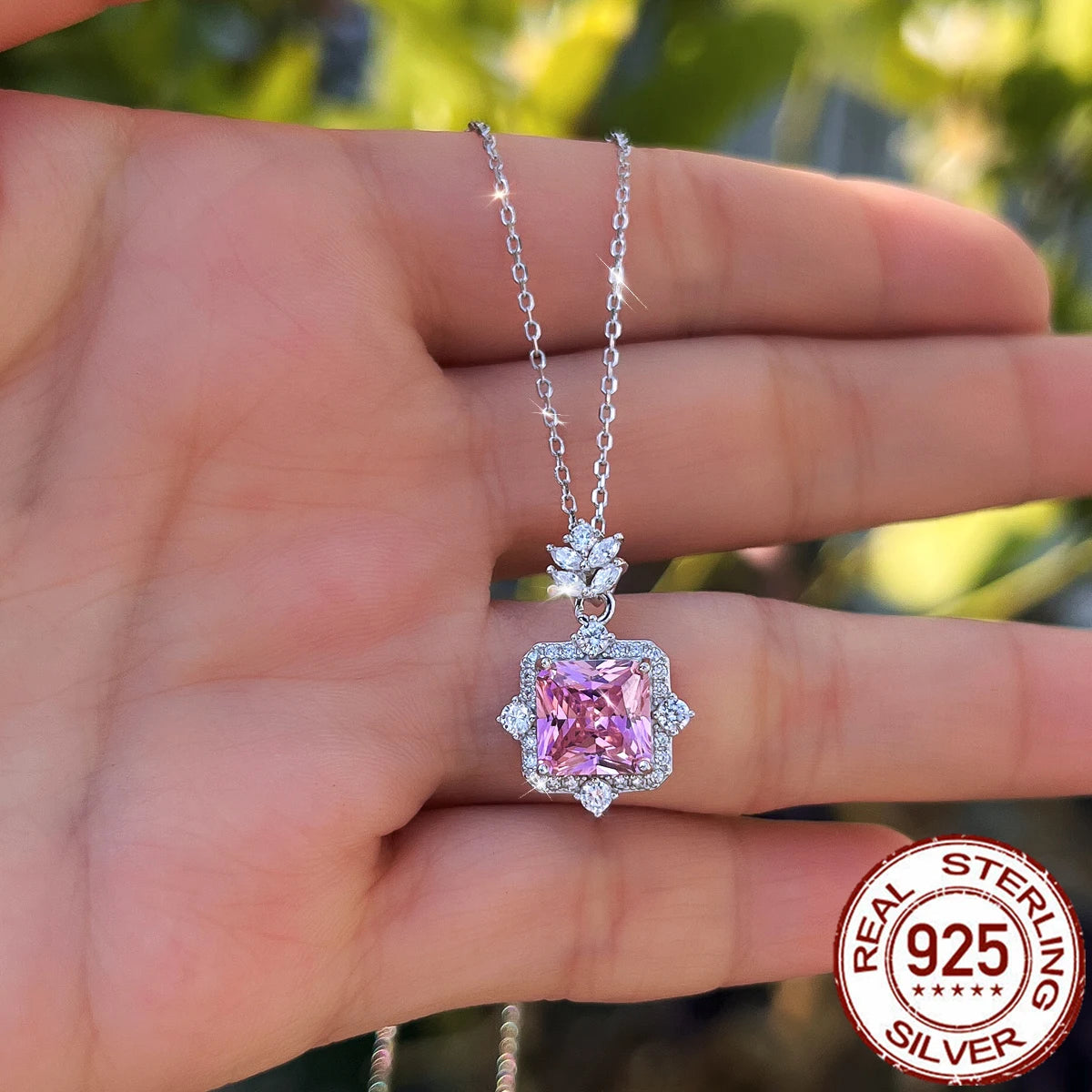 S&S 925 Sterling Silver Pink Square CZ Charm Pendant Necklace – 8A Zirconia – Rhodium Plated – Collection