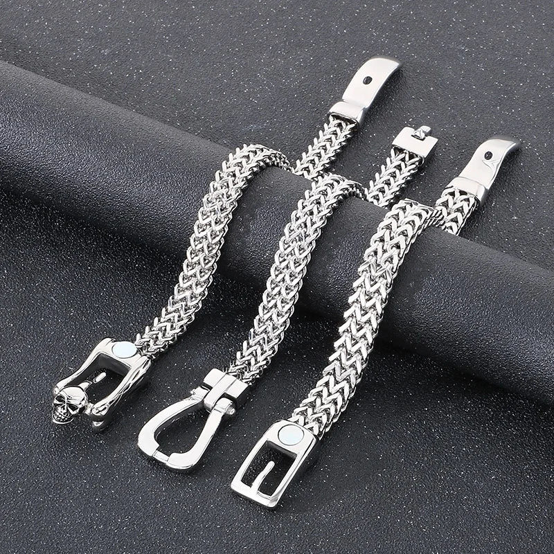 KALEN Punk Herringbone Chain Fine Jewelry Fashion Bracelets Men Stainless Steel Skull Charm Bracelet Bangle